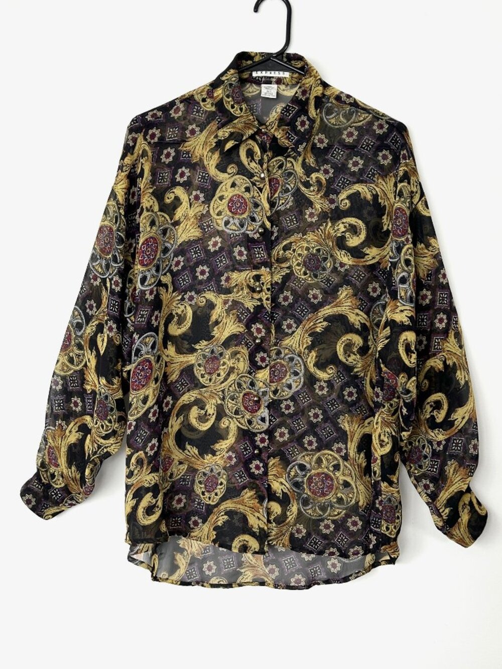 Vintage EXPRESS Sheer Chiffon Blouse Shirt Gold Black Baroque Gold Buttons Sz S